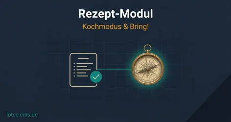 Kompassnadel über einer aufgeschlagenen Rezeptseite mit Zutatenliste und Kochtopf-Symbol, Teal und Navy Farbtöne, lotse-cms.de